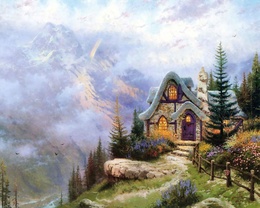 3d обои Томас Кинкейд - дом в горах  горы
