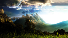 3d обои Природа с красивыми горами и другими планетами  3d графика