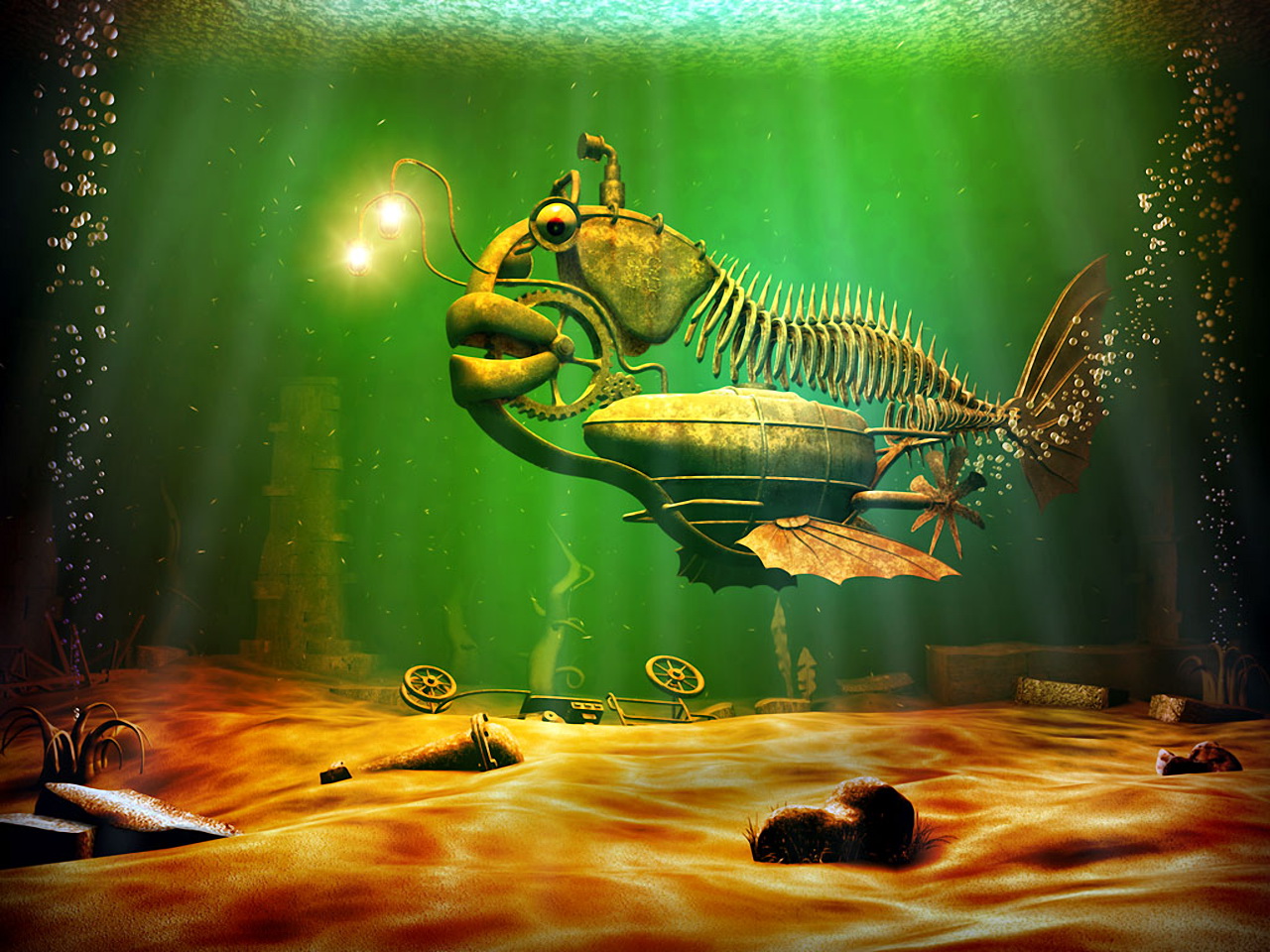 3d обои Железная рыба под водой в стиле стимпанк  подводные # 68415