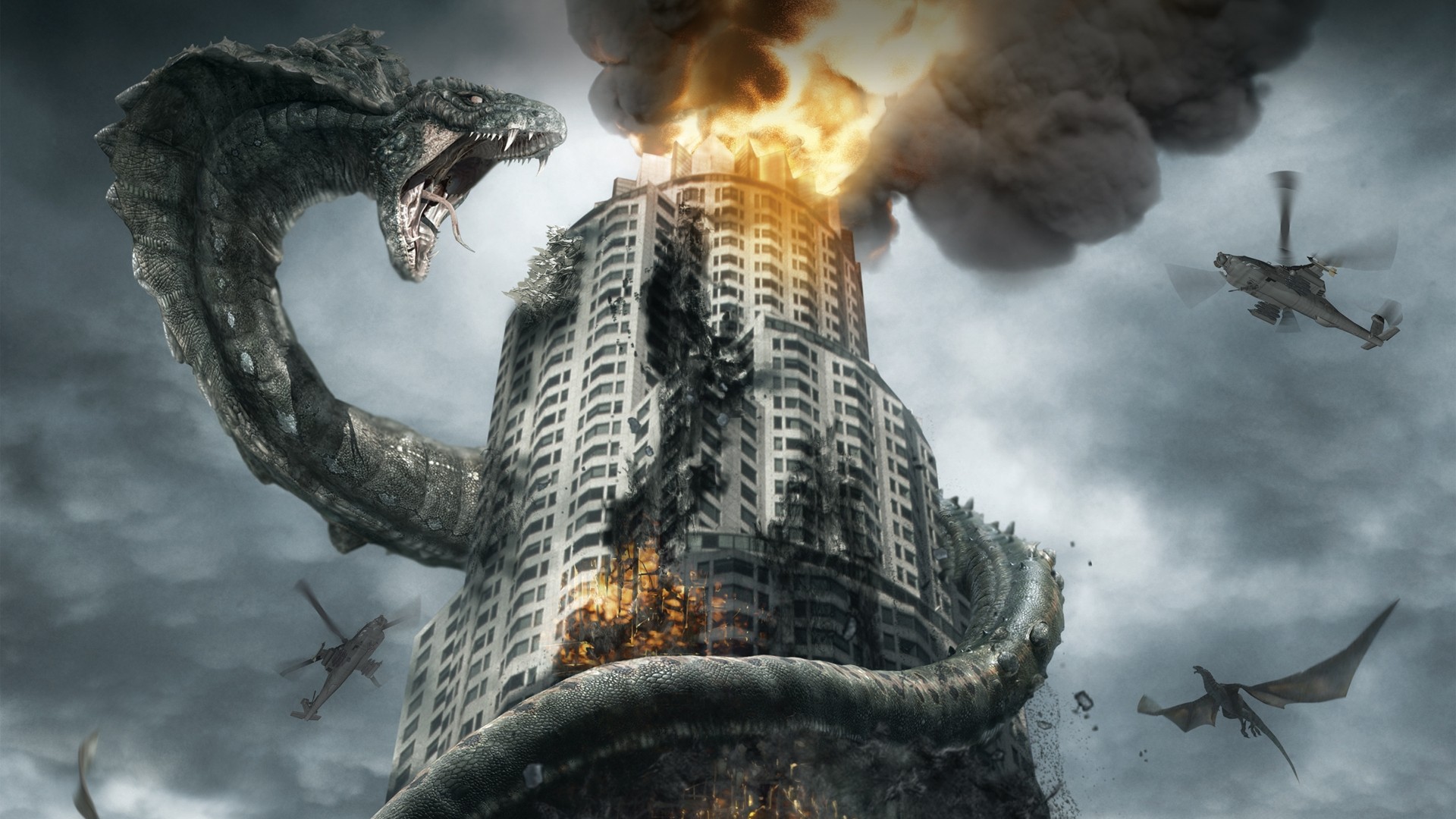 3d обои Огромная змея напала на небоскрёб  змеи # 41140