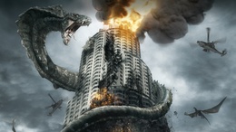 3d обои Огромная змея напала на небоскрёб  дым