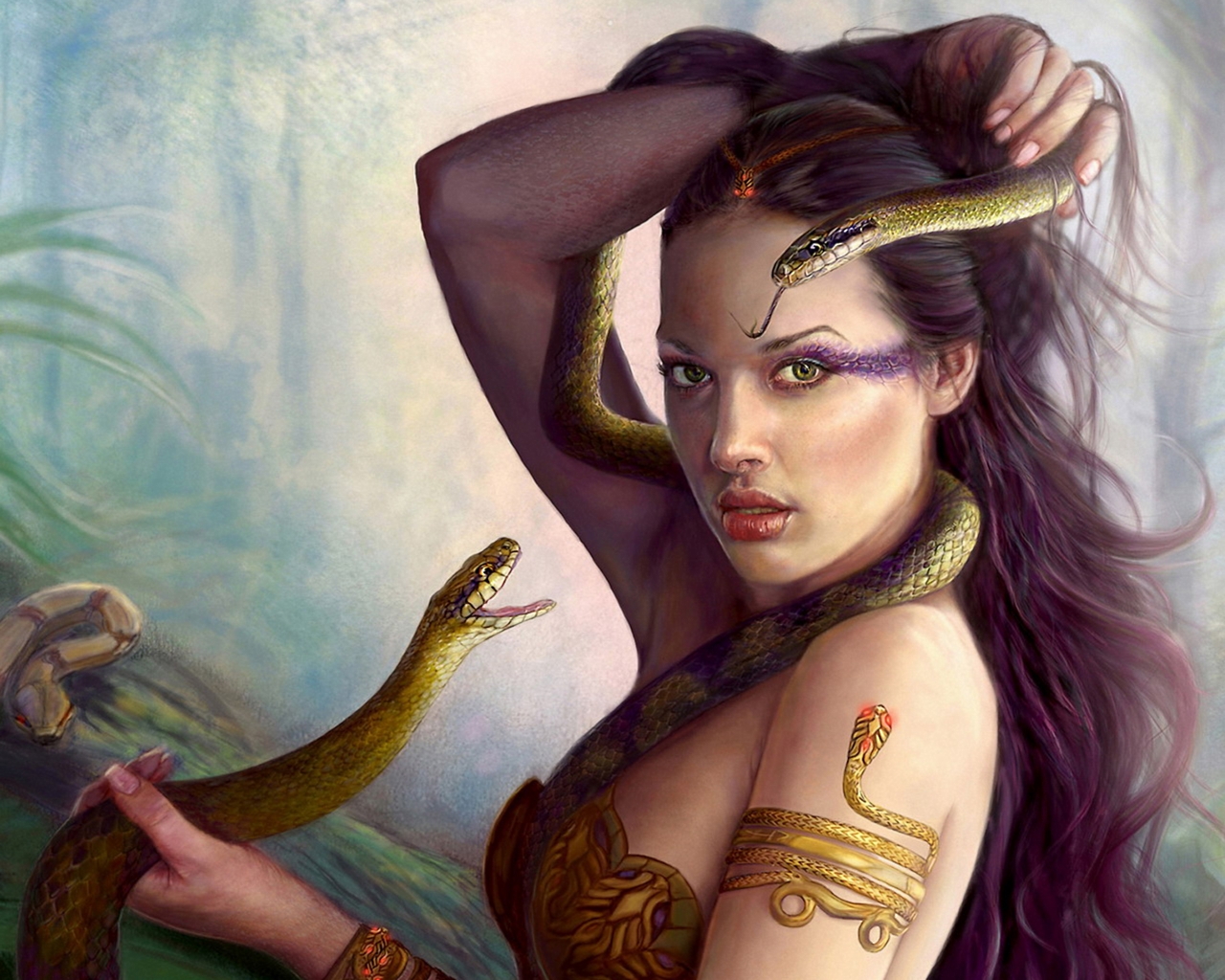 3d обои Девушка в лесу со змеёй в руках  змеи # 41138