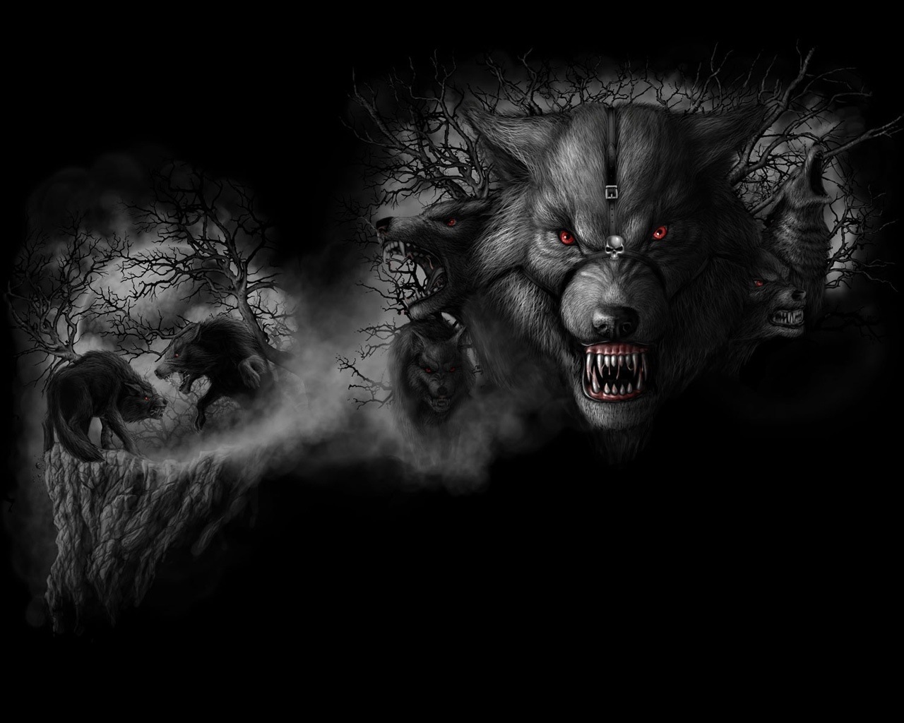 3d обои Страшные волки хозяева ночи  волки # 23360