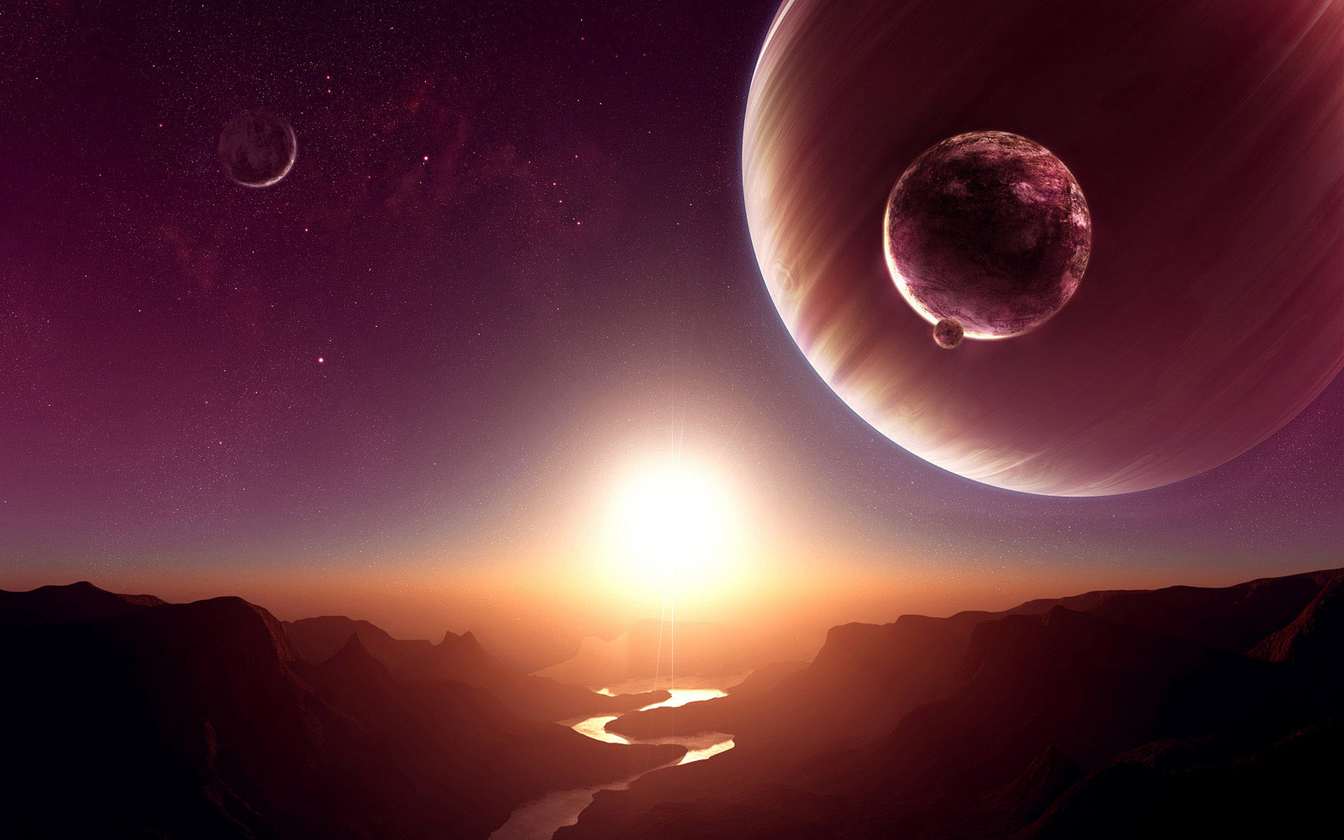3d обои Скалистая долина с небольшой речушкой на неизвестной планете  солнце # 81740