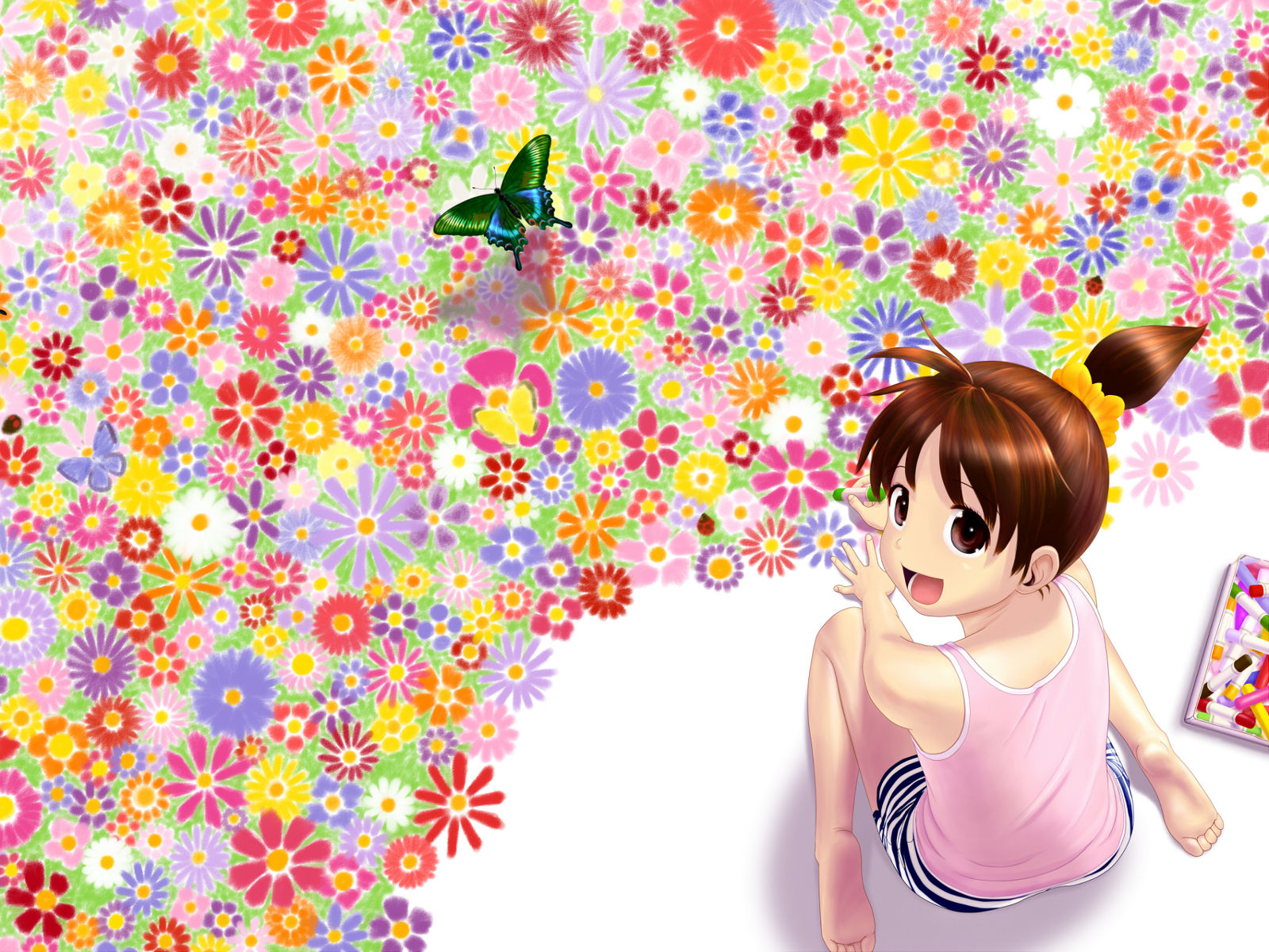 3d обои Девочка рисует цветы мелками  насекомые # 59865