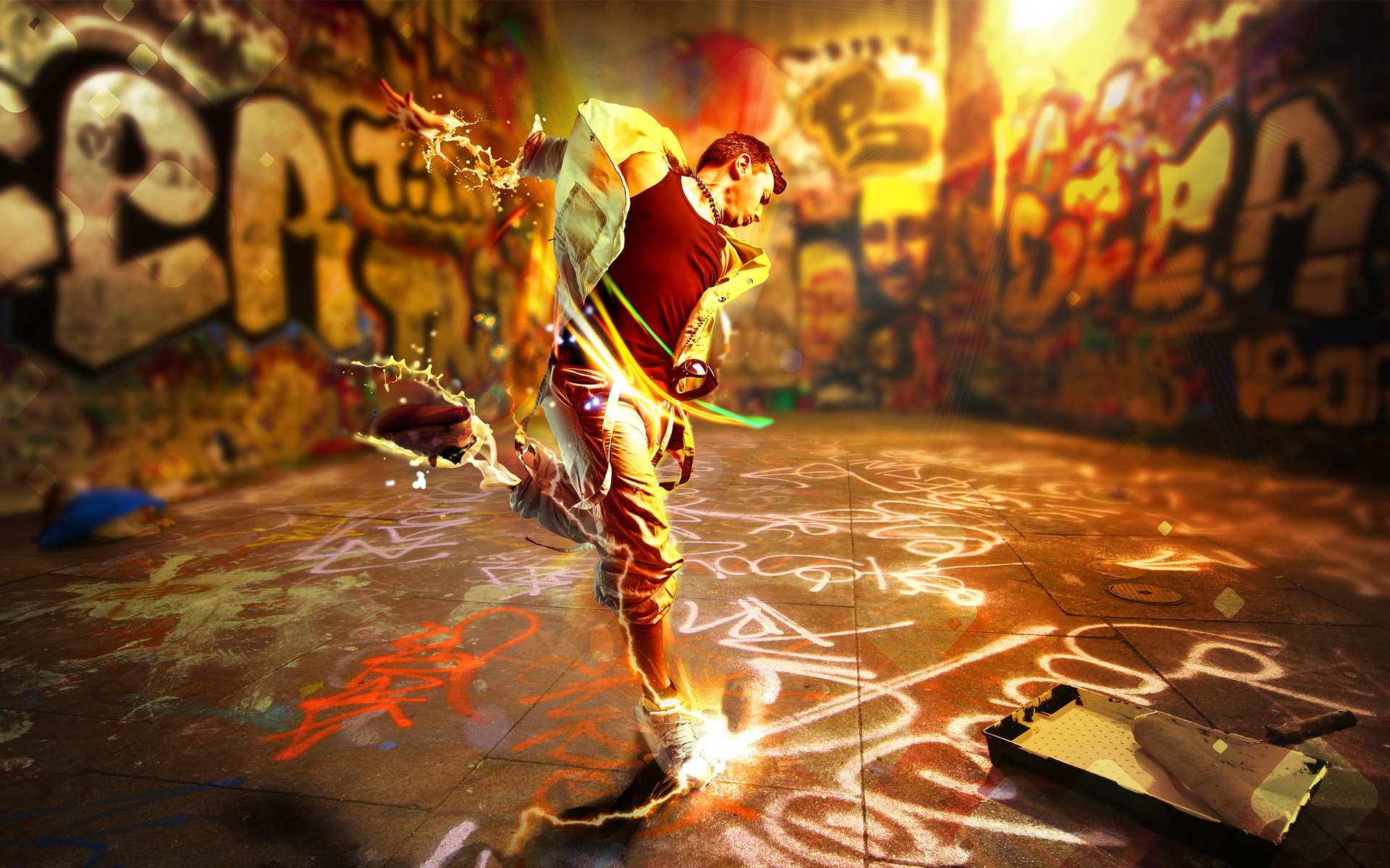 3d обои Парень танцует возле стен с граффити  ретушь # 76495
