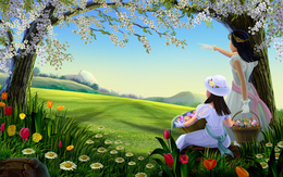 3d обои Девочки с корзинами пасхальных яиц смотрят вдаль  цветы