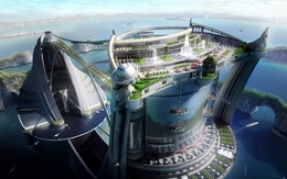 3d обои Огромный жилой комплекс будущего, в пентхаусе есть даже фонтаны  море