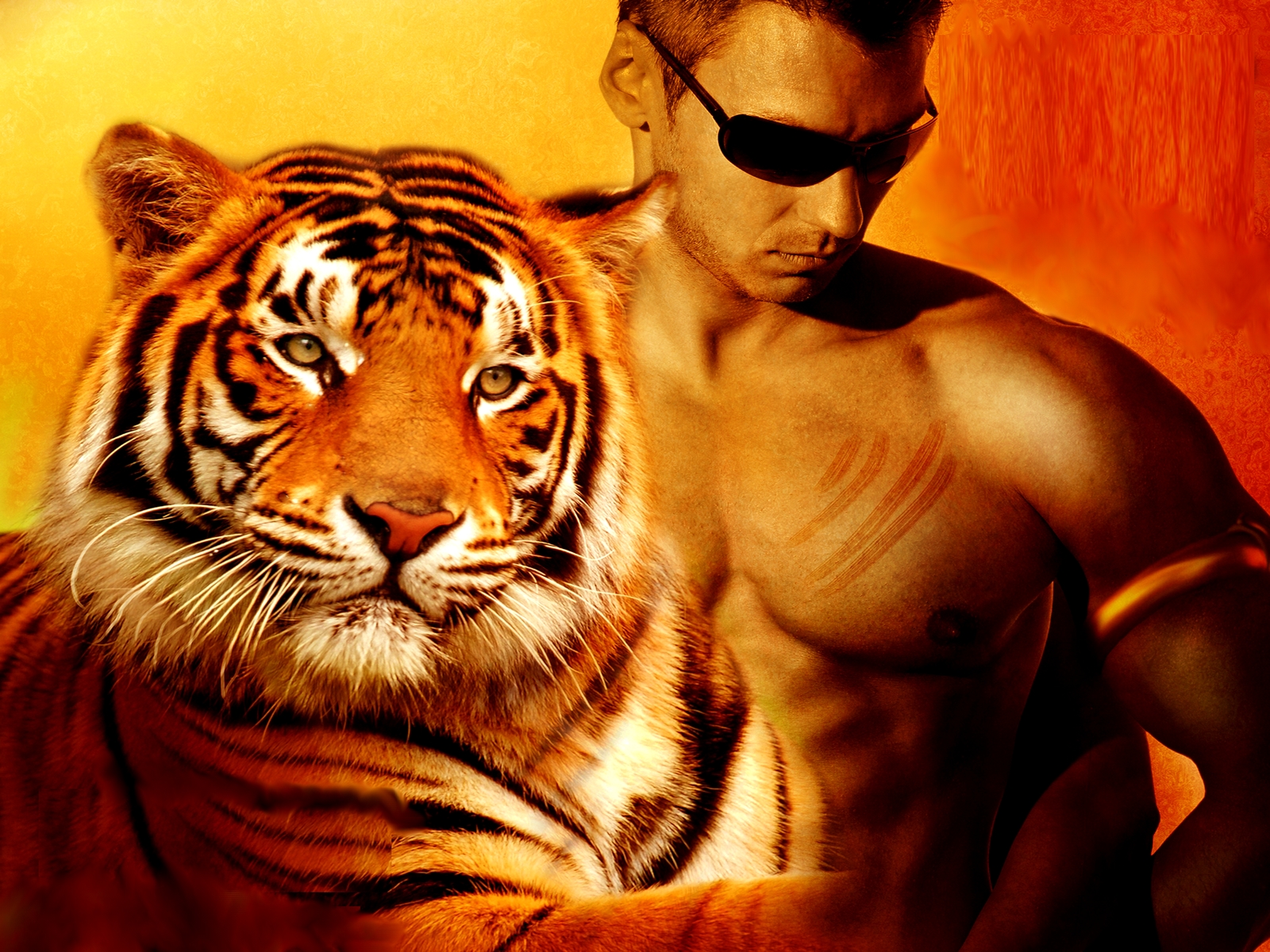 3d обои Тигр и парень  ретушь # 76484