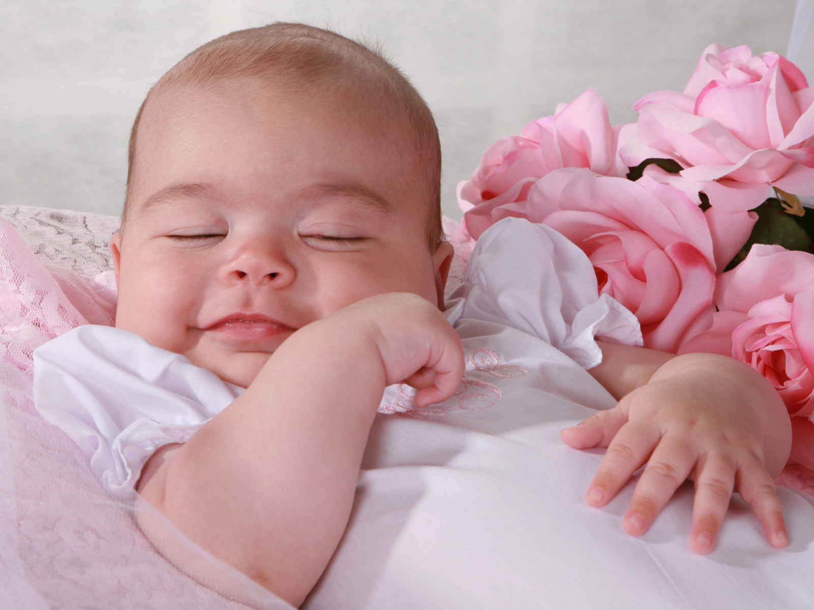 3d обои Малышка спит рядом с красивыми розами.  милые # 54274