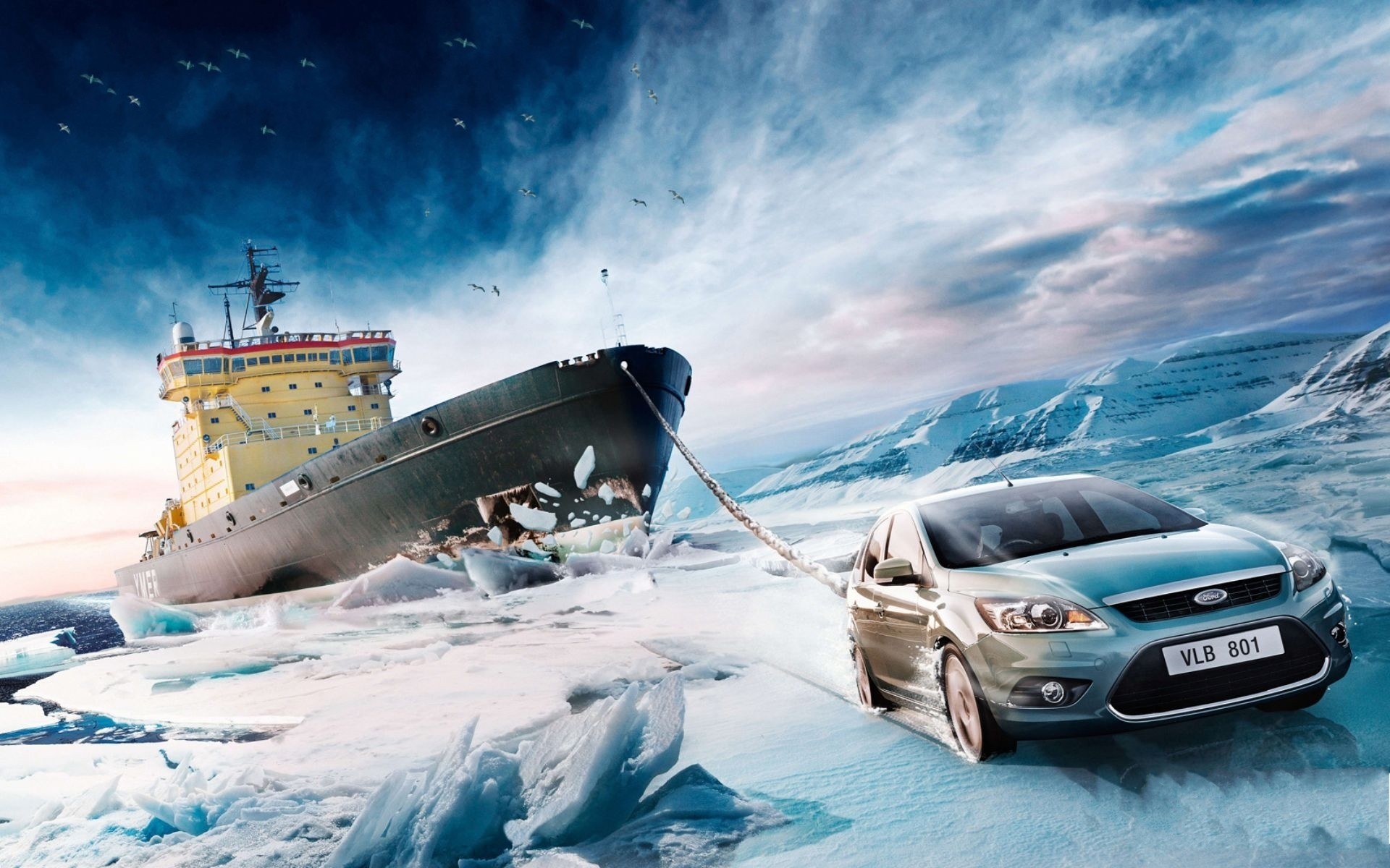 3d обои Форд Фокус буксирует корабль через льды  зима # 40837