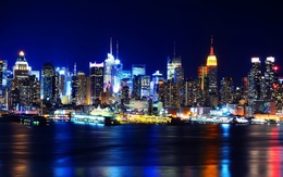 3d обои Фото Andrew Mace ночного Нью-Йорка / NYC на морском побережье с причалами  ночь