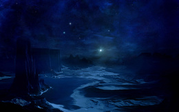 3d обои Скалы и ночной прибой на фоне космоса и яркой звезды  космос
