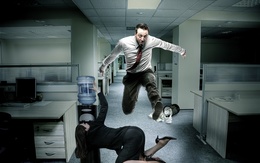 3d обои Офисный работник несется, прыгая через секретаршу и снося все на своем пути  техника