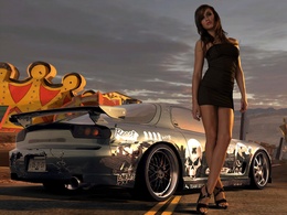 3d обои Автомобиль Мазда и стройная девушка возле неё на закате  авто