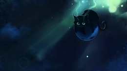 3d обои Черный котенок лежит на планете  кошки
