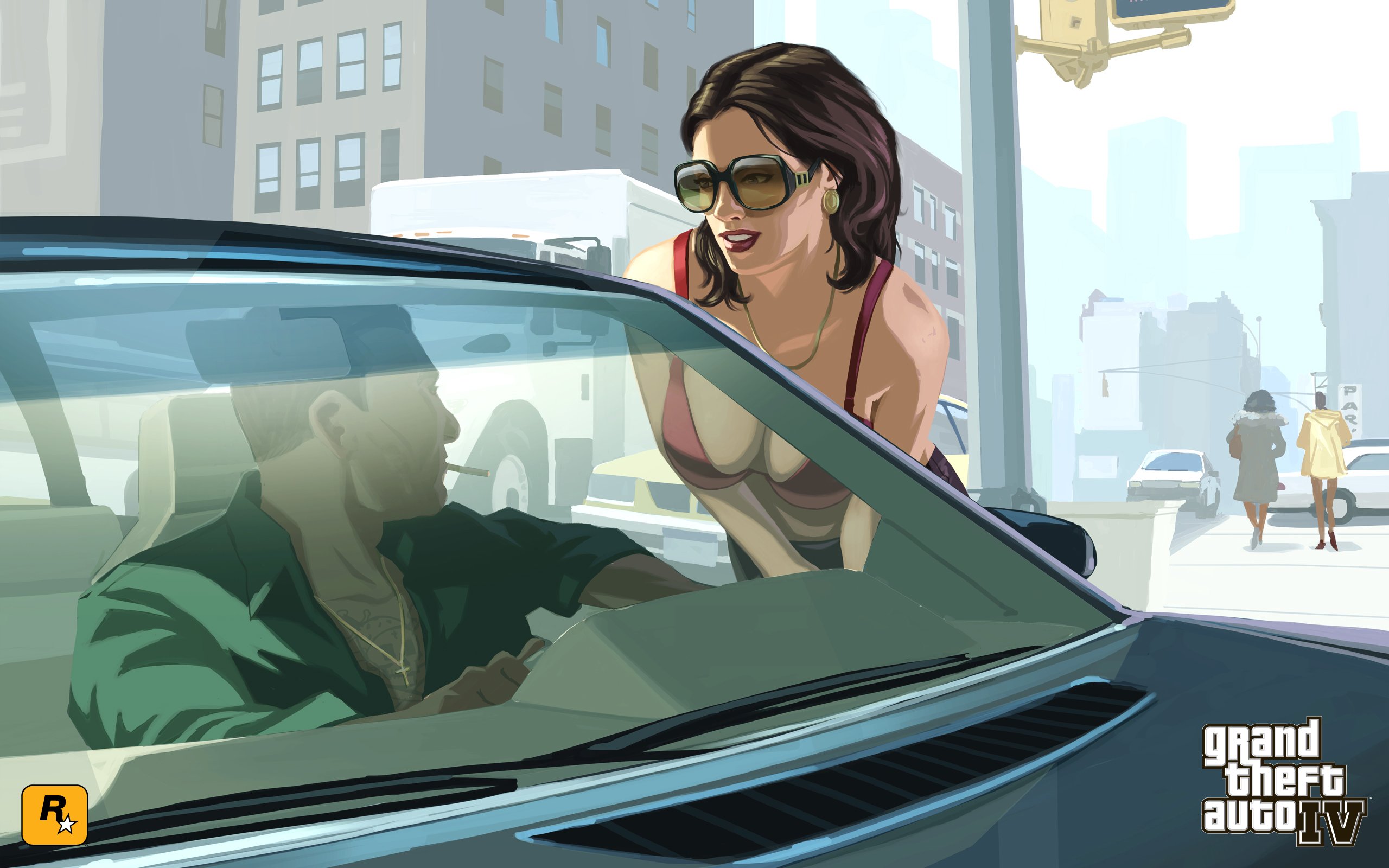 3d обои Девушка в очках разговаривает с водителем, игра Grand Therf Auto часть IV (GTA)  игры # 41685