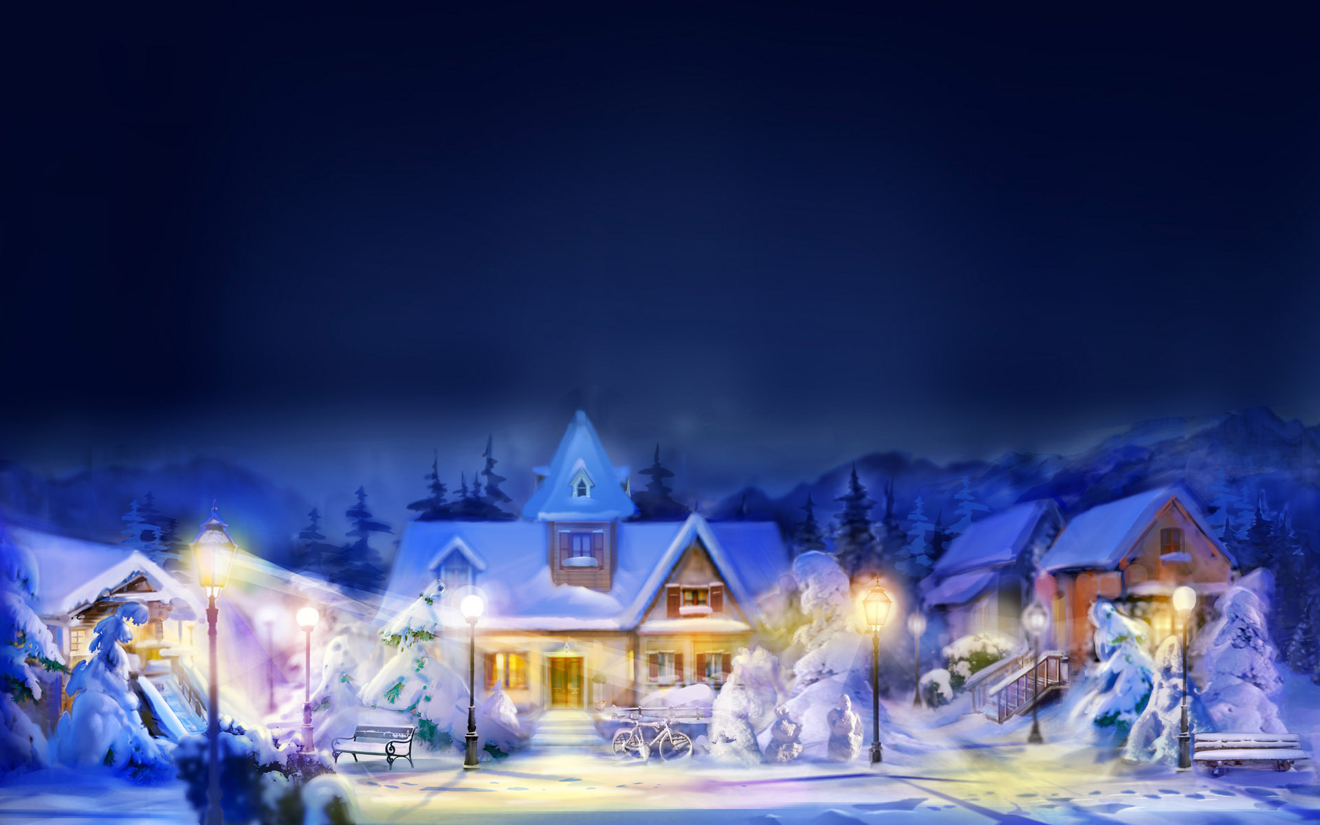 3d обои Уютный снежный город вечером  дома # 34914