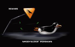 3d обои Пингвин из мультфильма Мадагаскар (Beware  Speed-Slidin Penguins)  листья