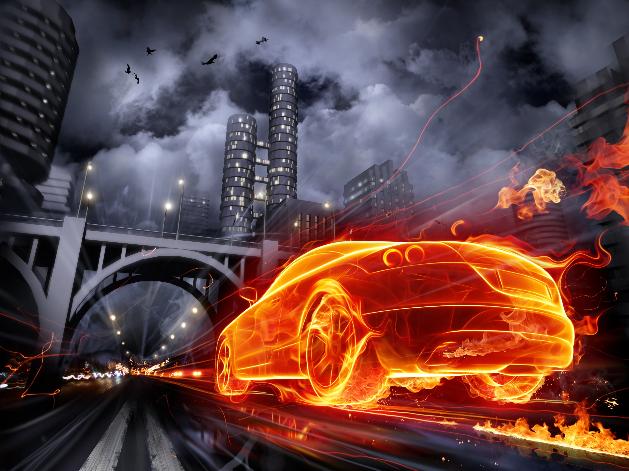 3d обои Автомобиль из огня мчит по городу  мосты # 56970