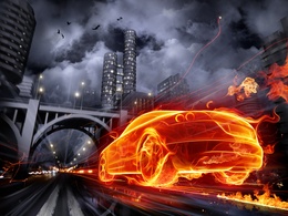 3d обои Автомобиль из огня мчит по городу  3d графика