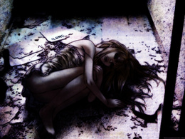 3d обои Девушка лежит на полу обхватив колени руками (Alone)  грустные