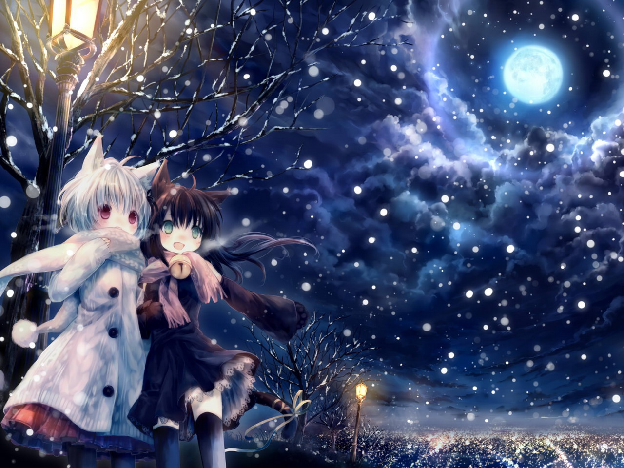 3d обои Неко-девочки зимней ночью стоят у фонаря  зима # 40824