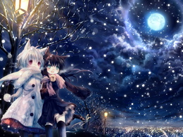 3d обои Неко-девочки зимней ночью стоят у фонаря  луна