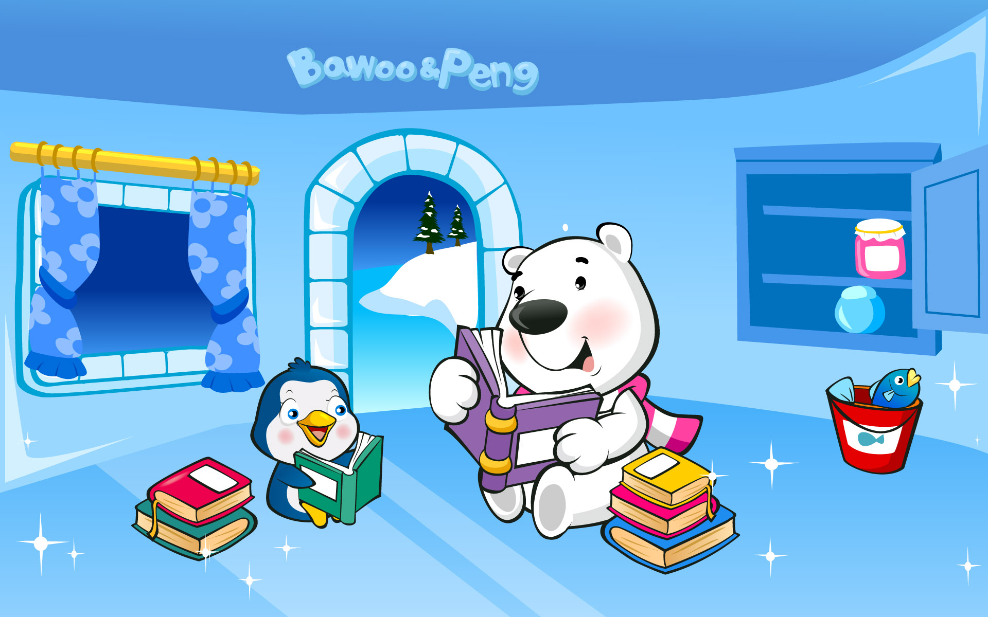 3d обои Белый медведь и пингвин читают книжки (Bawoo&Peng)  снег # 80577