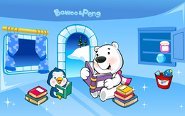 3d обои Белый медведь и пингвин читают книжки (Bawoo&Peng)  птицы