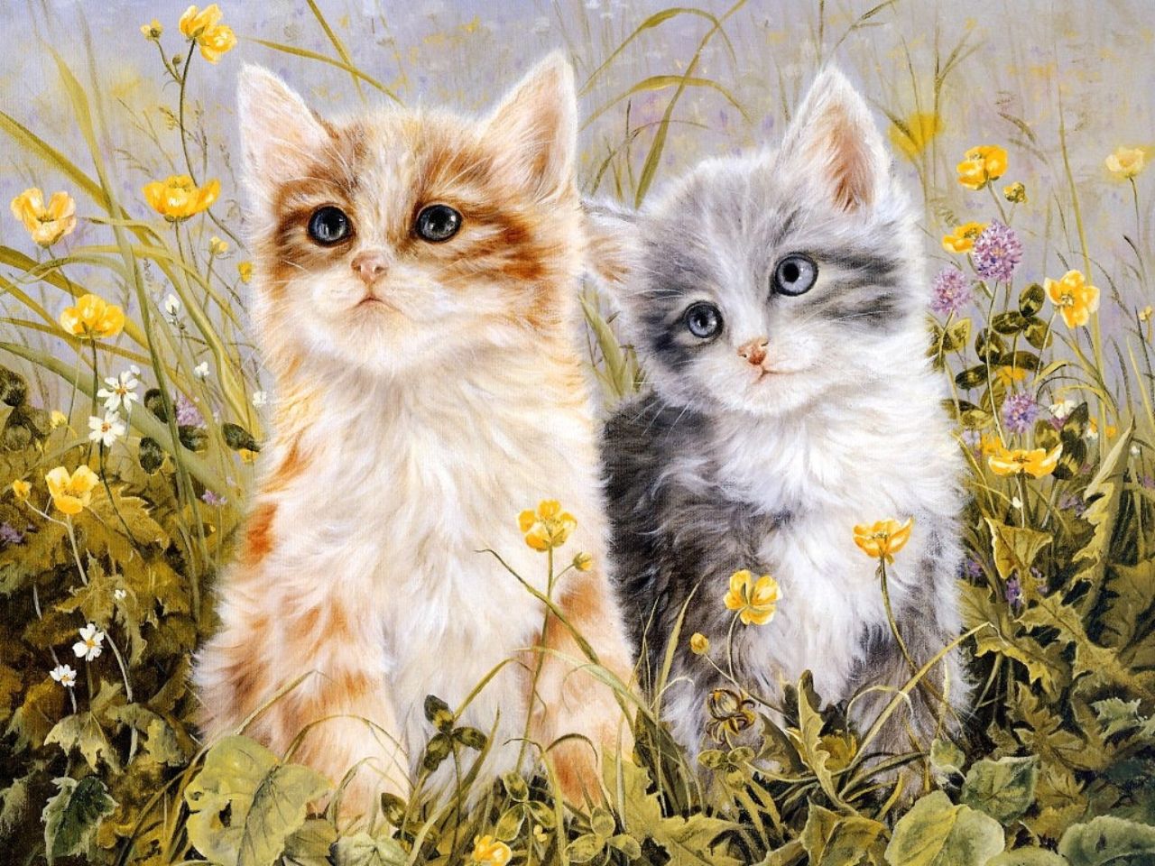 3d обои Котята в траве  кошки # 45728