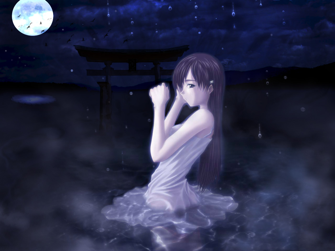 3d обои Девушка лунной ночью стоит в воде  манга # 53233