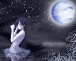 3d обои Девушка лунной ночью стоит в воде окутанная туманом (dazzling sea of stars)  1280х1024