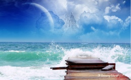 3d обои Плещущиеся волны, на небе образы планет и замков (А dreamy  world, A mans dreams are an index to his greatness)  море