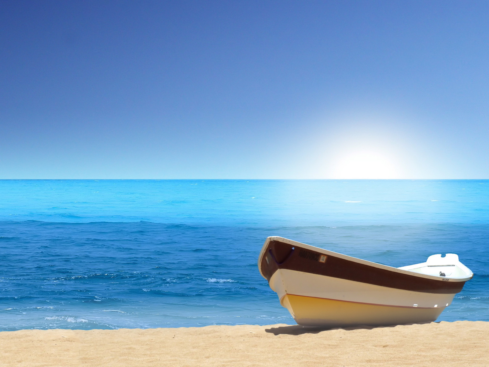 3d обои Лодка на берегу моря  солнце # 81716