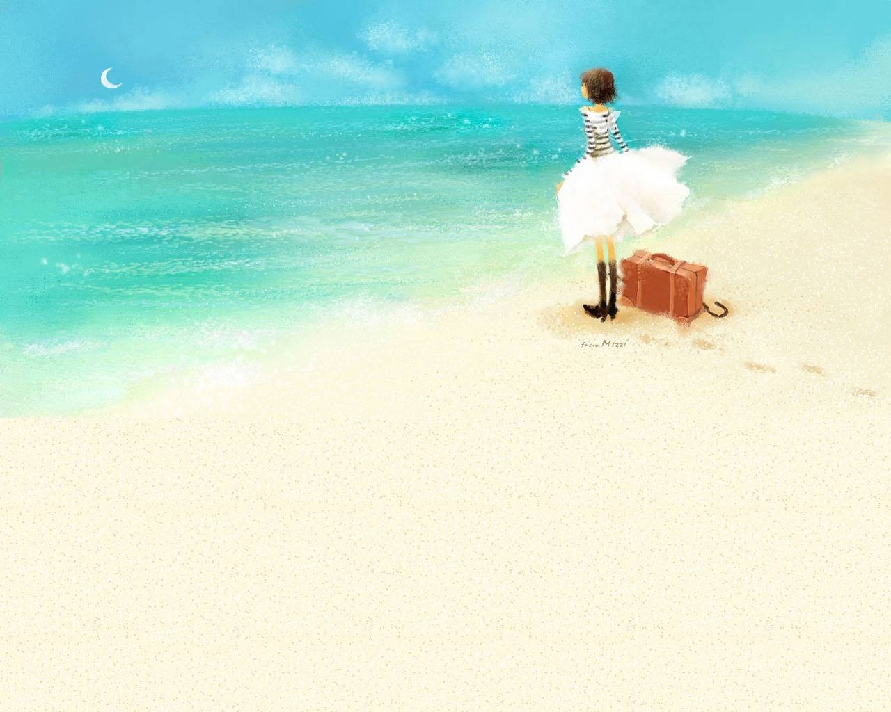 3d обои Девушка с крылышками на спине стоит на пляже рядом с чемоданом и смотрит на горизонт (from Mizzi)  лето # 50524