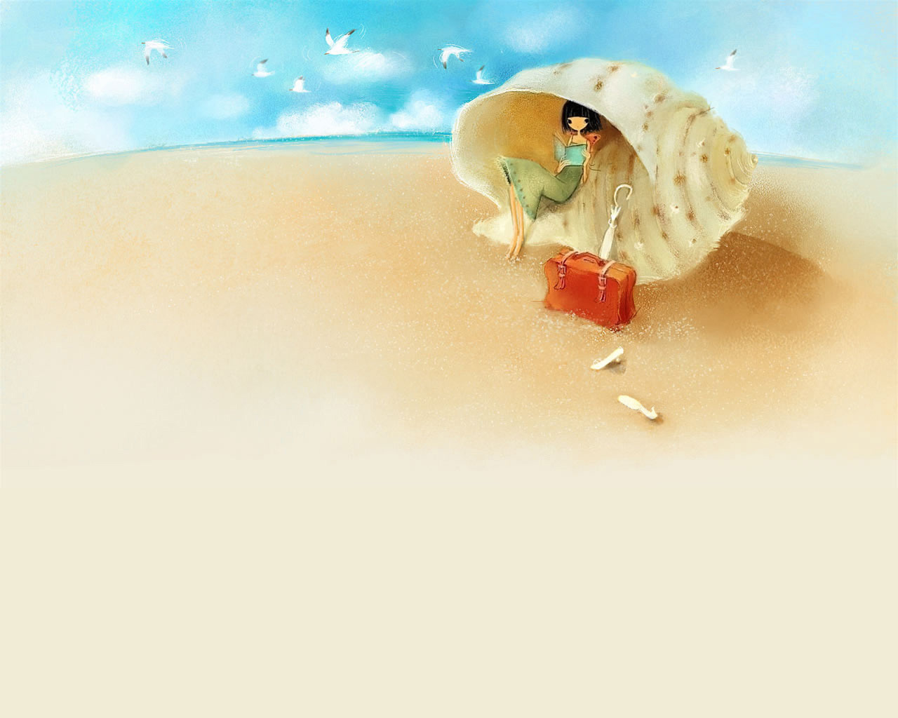 3d обои Девушка сидит на пляже в большой ракушке и читает книжку  лето # 50523
