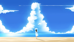 3d обои Девушка стоит на пляже и смотрит на пролетающий самолёт оставивший след в небе  манга