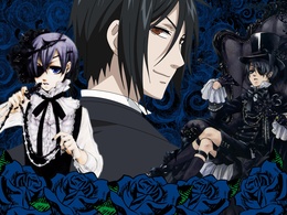 3d обои Сиэль и Себастьян из аниме Тёмный дворецкий (Kuroshitsuji) в синих розах  дети