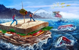 3d обои Рыбалка, мужчины плывя на сэндвиче вылавливают из воды банки Coca-cola  сюрреализм
