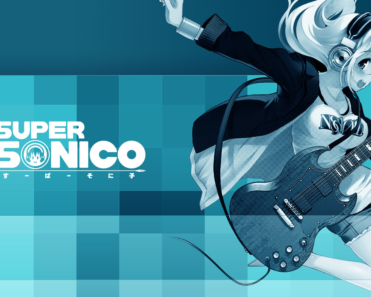 3d обои Аниме-девушка в наушниках и с гитарой (Super sonico)  музыка # 59187