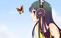 3d обои Мио Акияма в наушниках, аниме Кей-он  бабочки