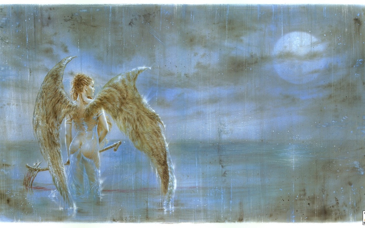 3d обои девушка-ангел в прозрачной одежде стоит в воде и держит в руках косу  милитари # 53678