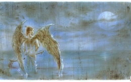 3d обои девушка-ангел в прозрачной одежде стоит в воде и держит в руках косу  фэнтези
