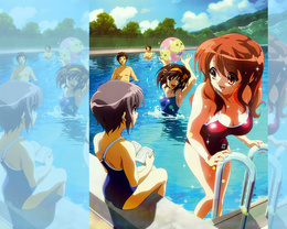 3d обои Ицке, Кён и Харухи в бассейне. Юки читает книгу. сидя на бортике. Микуру выходит из воды  1280х1024