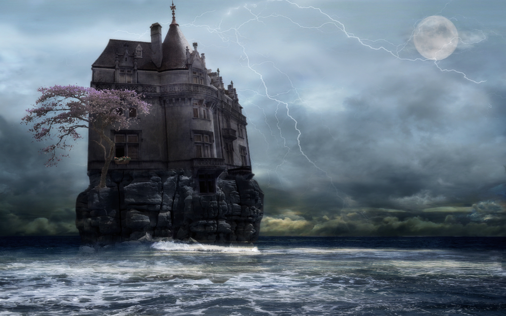 3d обои Замок на каменном острове во время грозы  молнии # 55407