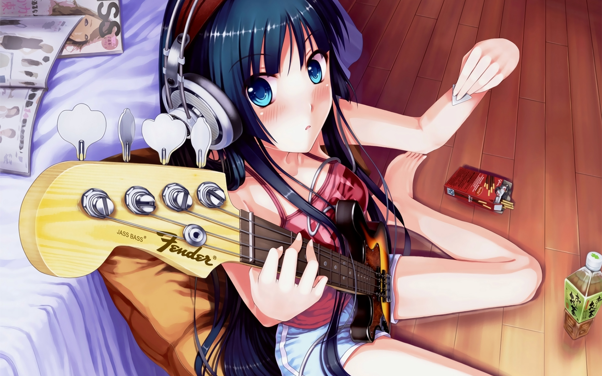 3d обои Акияма Мио с гитарой сидит на полу около кровати (аниме Кей-он)  техника # 82951
