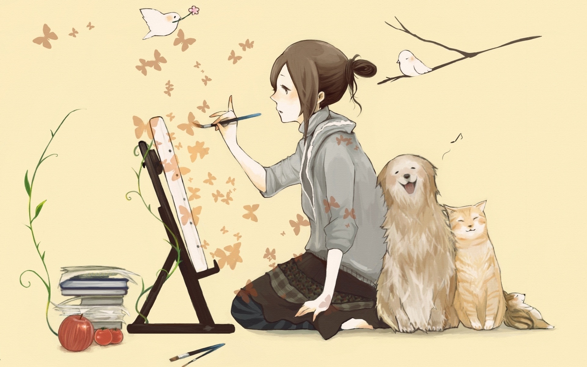 3d обои Девочка рядом с которой сидят веселые собака и кошка с птичками рисует  птицы # 75795