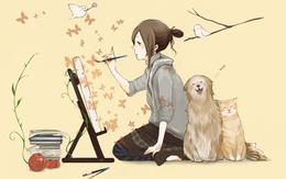 3d обои Девочка рядом с которой сидят веселые собака и кошка с птичками рисует  птицы