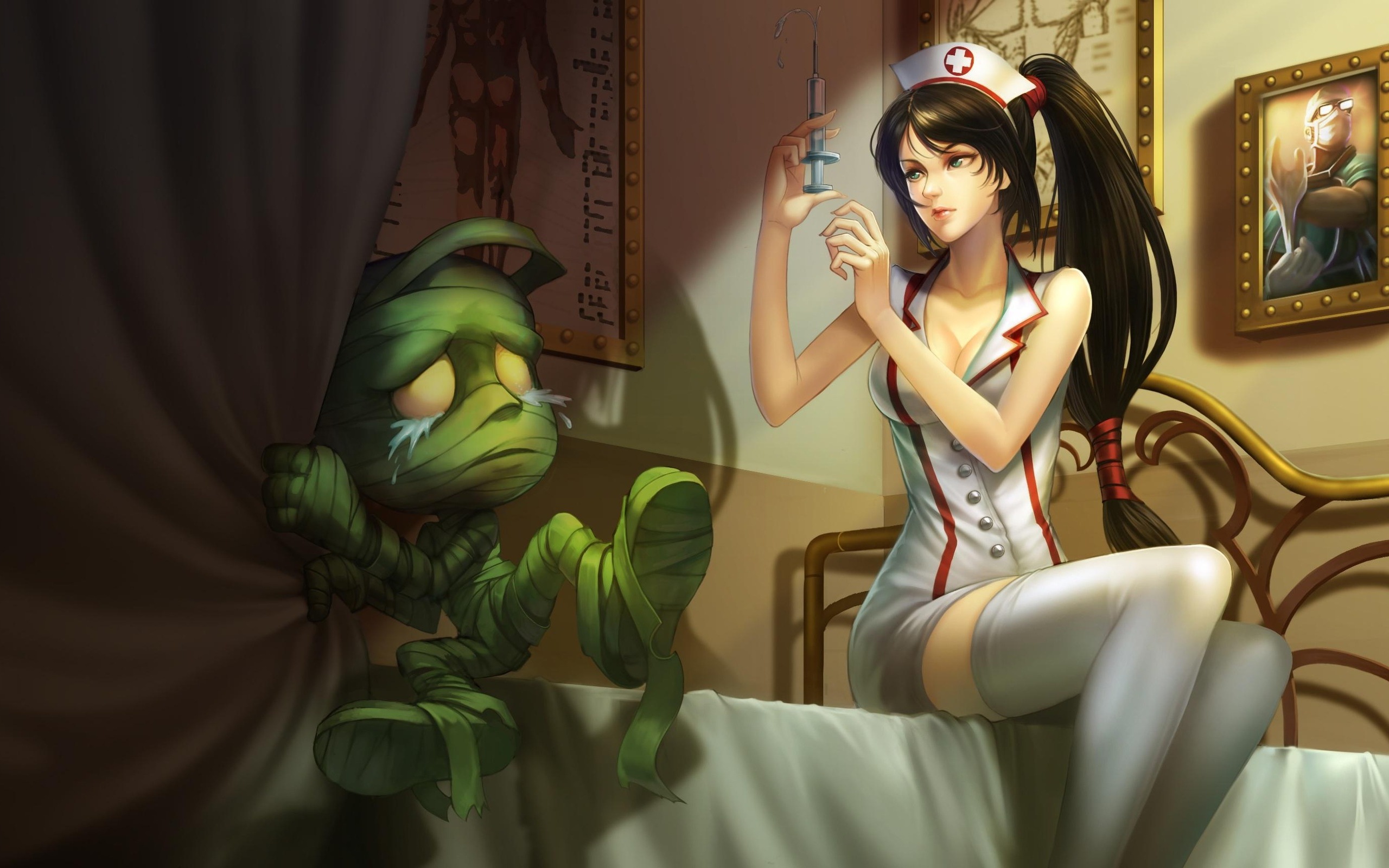 3d обои Сексуальная медсестра делает укол мумии (Akali, Amumu, Shen (league Of Legends))  медицина # 53405